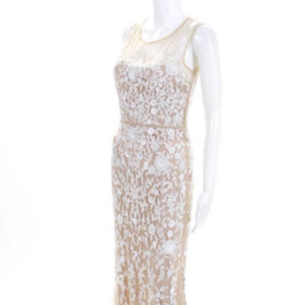 Badgly Mischka Beige White Beaded Gown